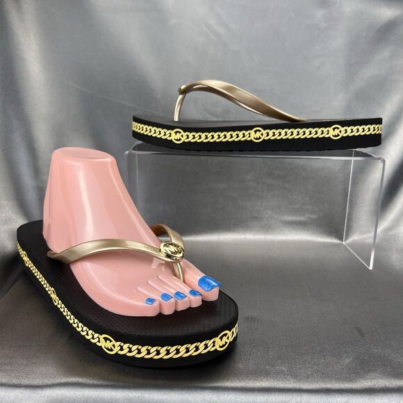 Michael Kors Logo Flip Flops Womens 10 Fashion Sandals Black/Gold RX24D MK Shoes - Picture 1 of 14